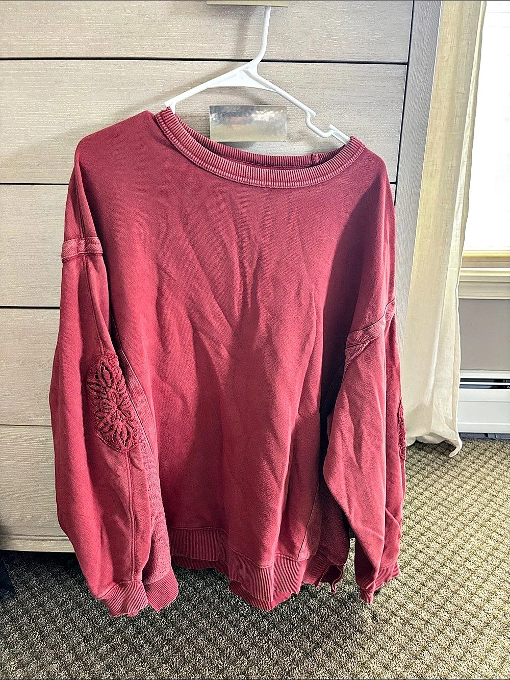 aerie Red Sweatshirt with Embroidered Sleeve Details
